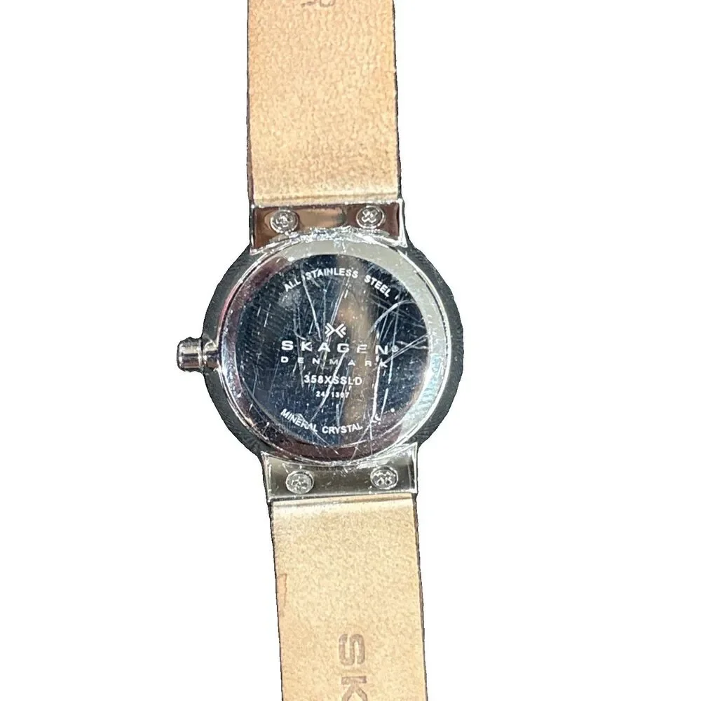 Skagen 358XSSLD Silver Watch Purple Dial Leather Strap-Working New Battery